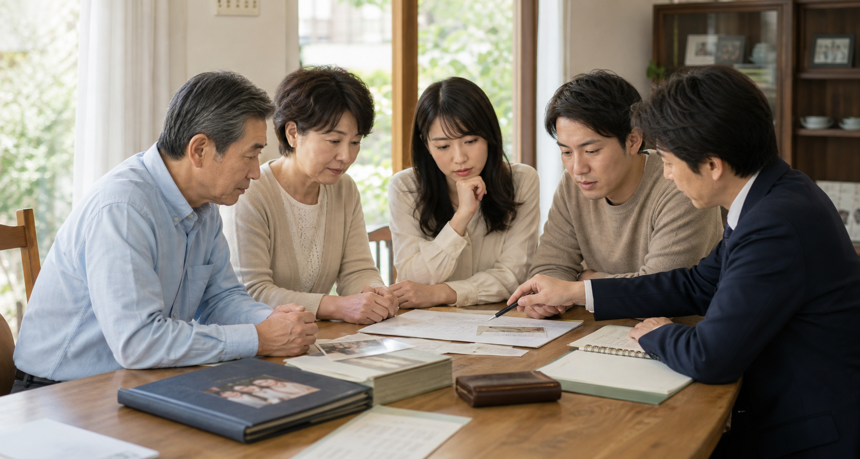 家族が自宅で相続書類と写真を確認している写真風イメージ