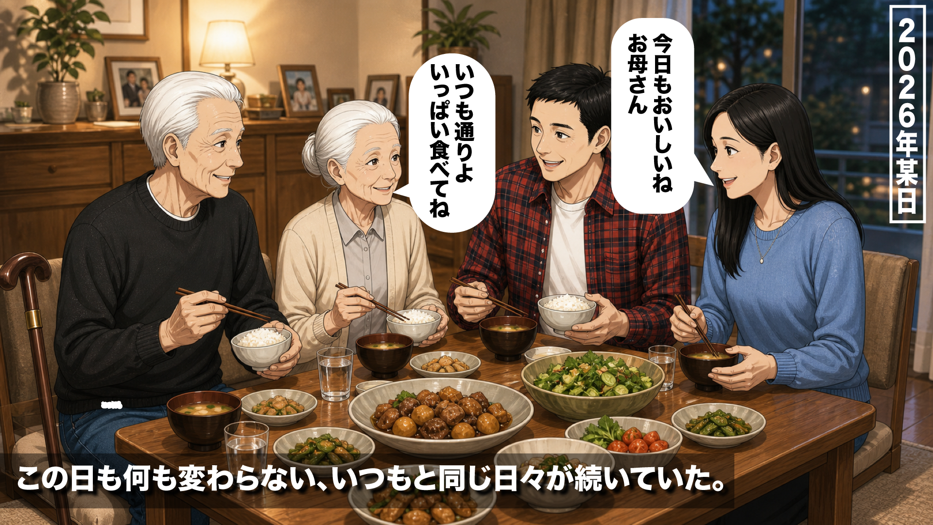 田中一家が普段通り食卓を囲んでいる様子