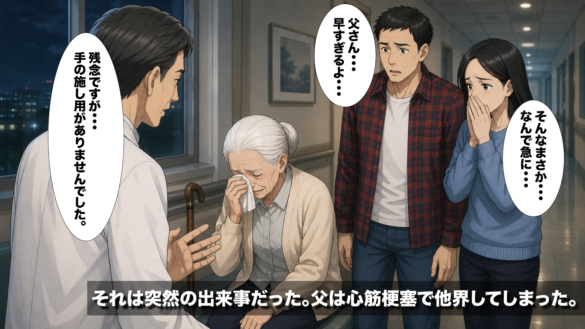 病院で父の死を告げられる家族の様子