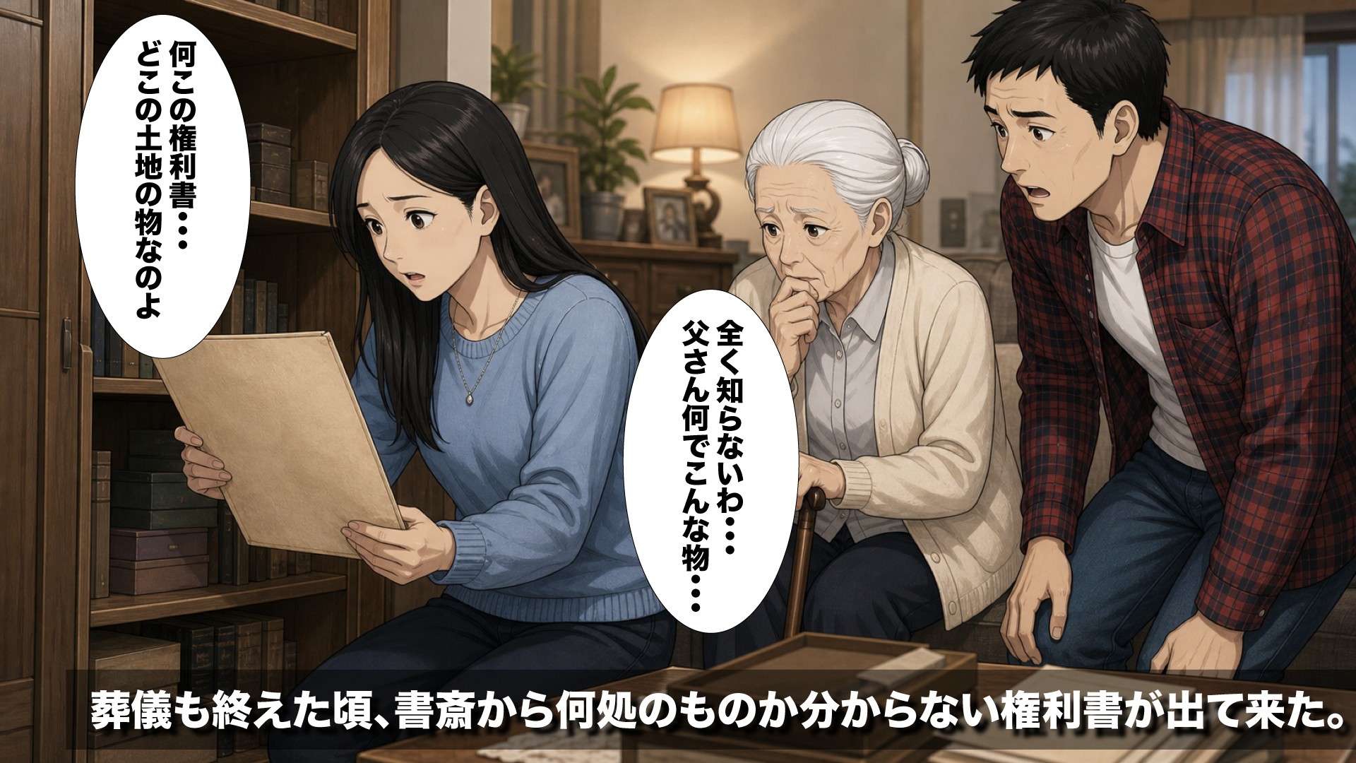 書斎から権利書や相続書類が出てくる様子