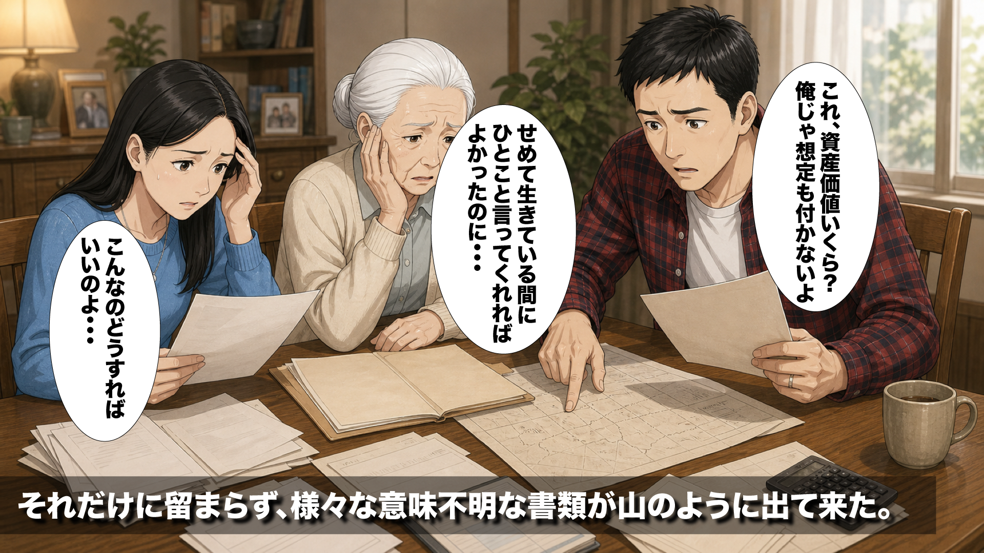 知らない土地や書類に家族が困惑する様子