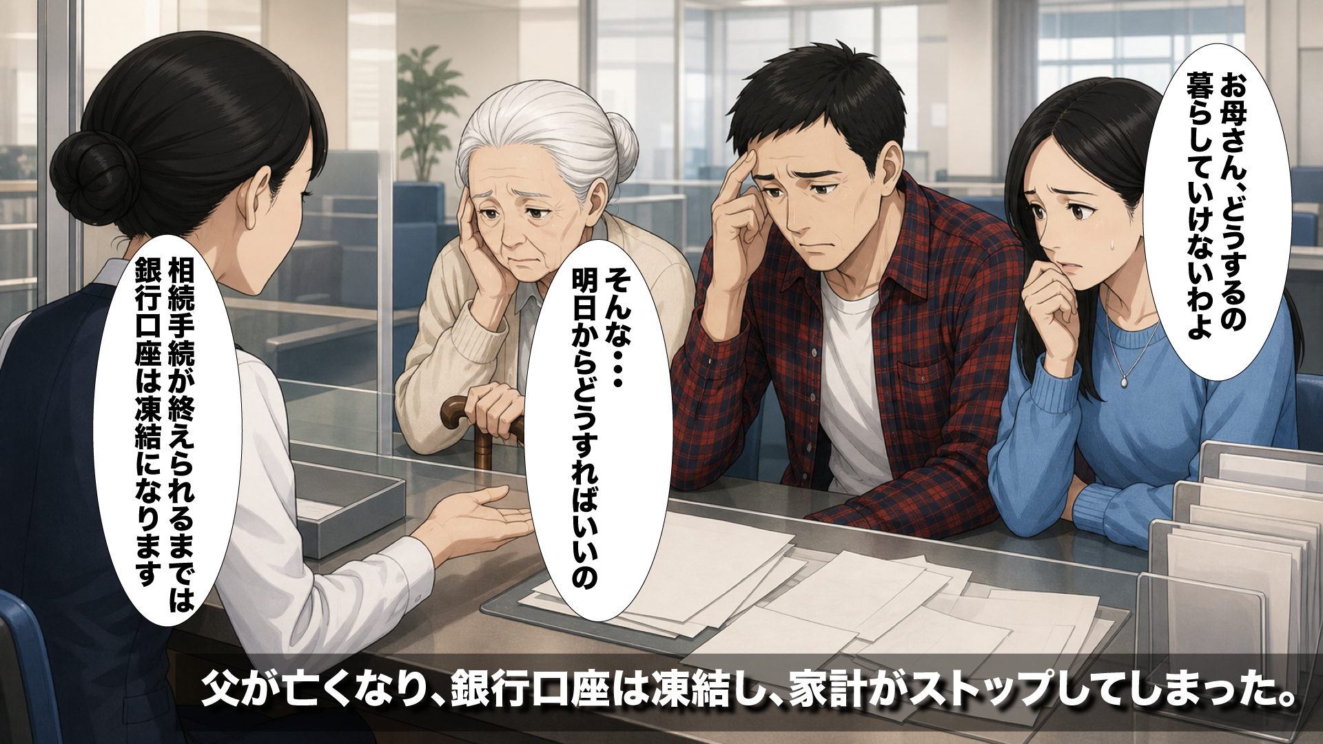 銀行口座凍結で生活費に困る家族の様子